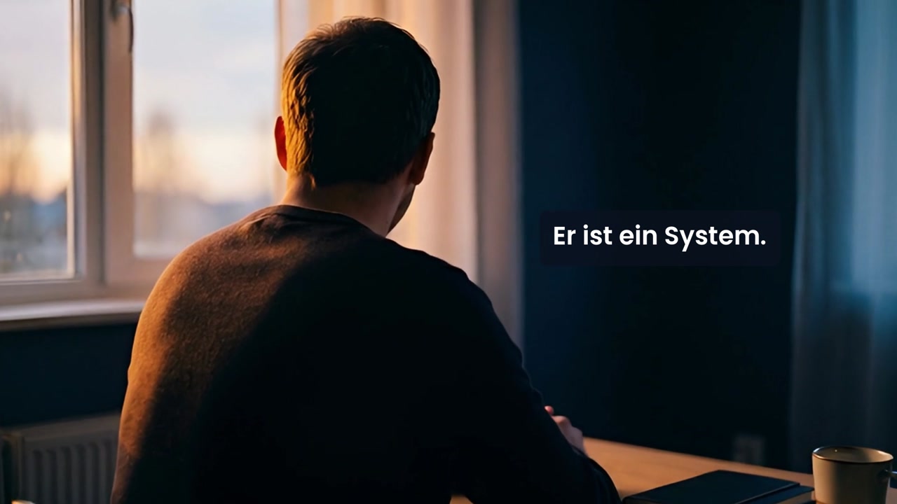 Mann sitzt am Tisch vor einem Fenster; eingeblendeter Satz: Er ist ein System.