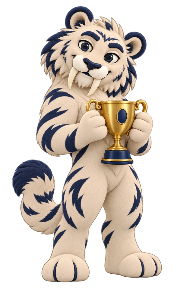Säbi, dein Kursbegleiter, mit einem Pokal.