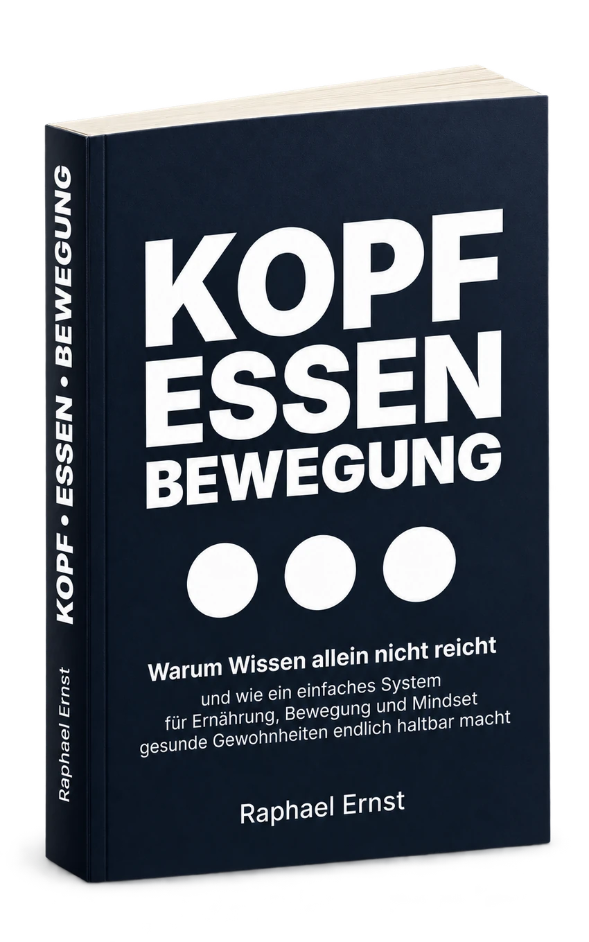 Buchmockup von Kopf · Essen · Bewegung mit dem Originalcover und Buchrücken.