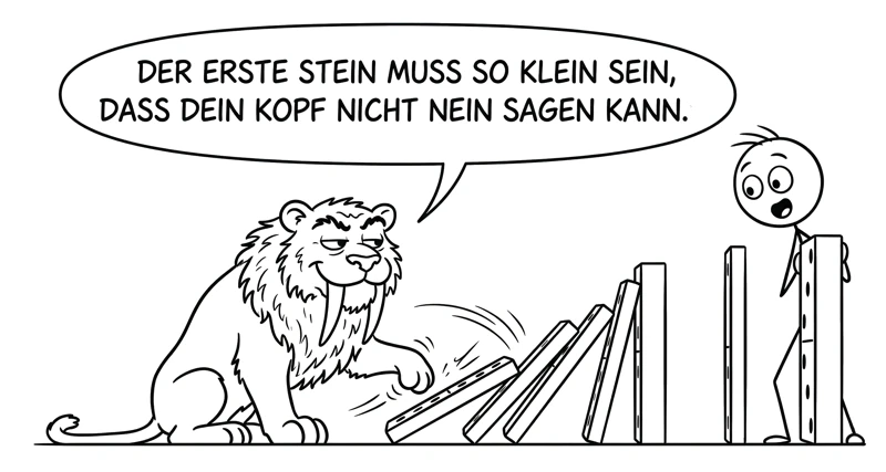 S&auml;bi st&ouml;&szlig;t eine Reihe immer gr&ouml;&szlig;erer Dominosteine an.
