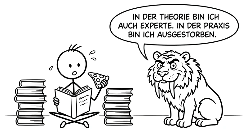 Eine Person liest zwischen B&uuml;cherstapeln, S&auml;bi kommentiert mit einer Sprechblase.