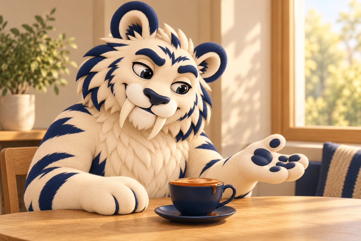 S&auml;bi betrachtet mit hochgezogener Augenbraue eine bis zum Rand gef&uuml;llte Teetasse auf einem Holztisch.