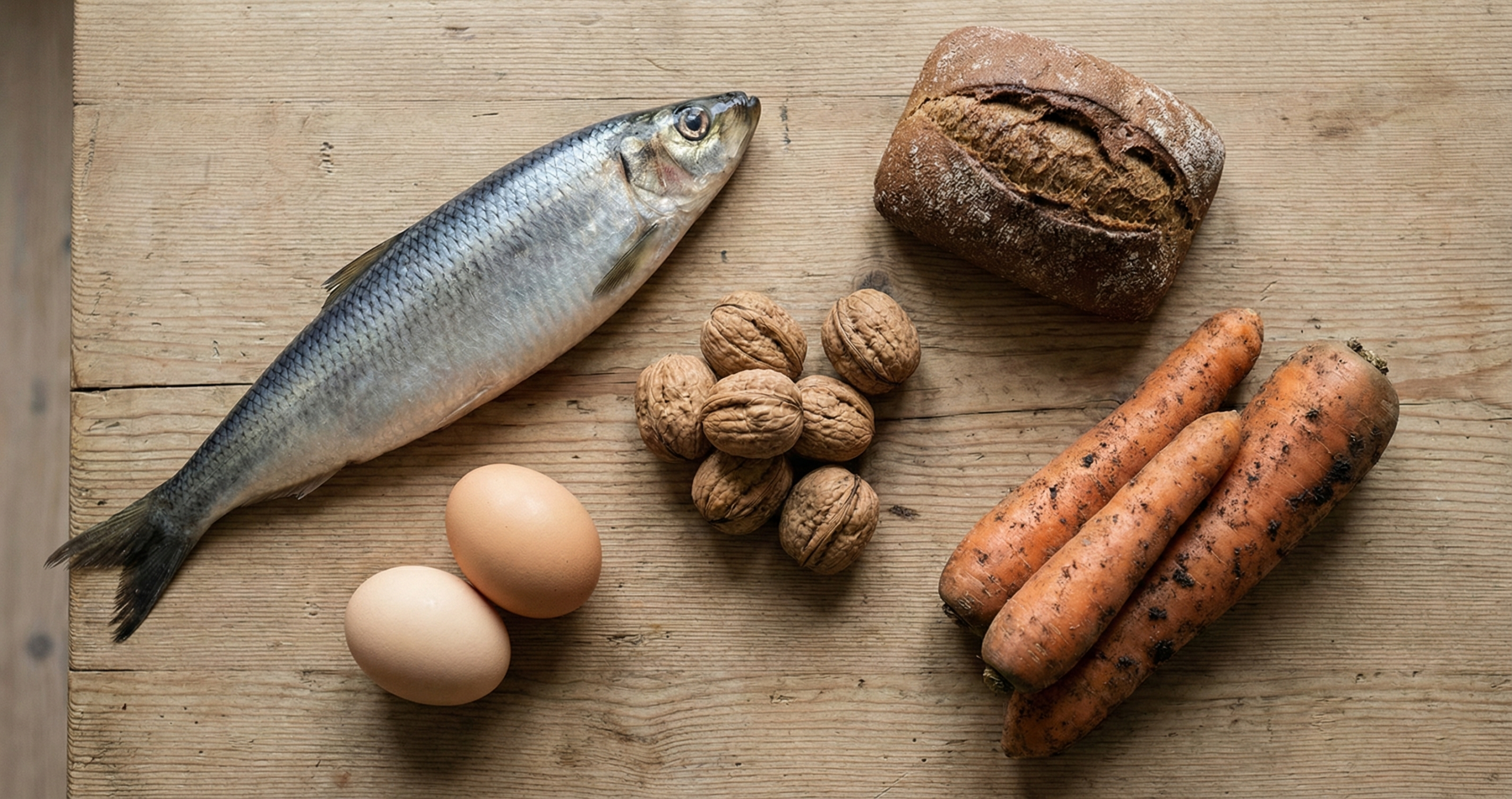 Einfache, unverarbeitete Lebensmittel auf einem Holztisch: Fisch, Eier, N&uuml;sse, Gem&uuml;se