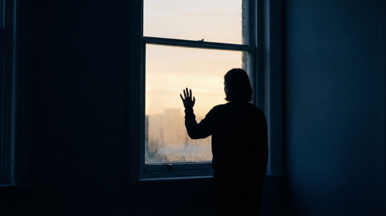 Die Silhouette einer Person, die in der Morgend&auml;mmerung am Fenster steht