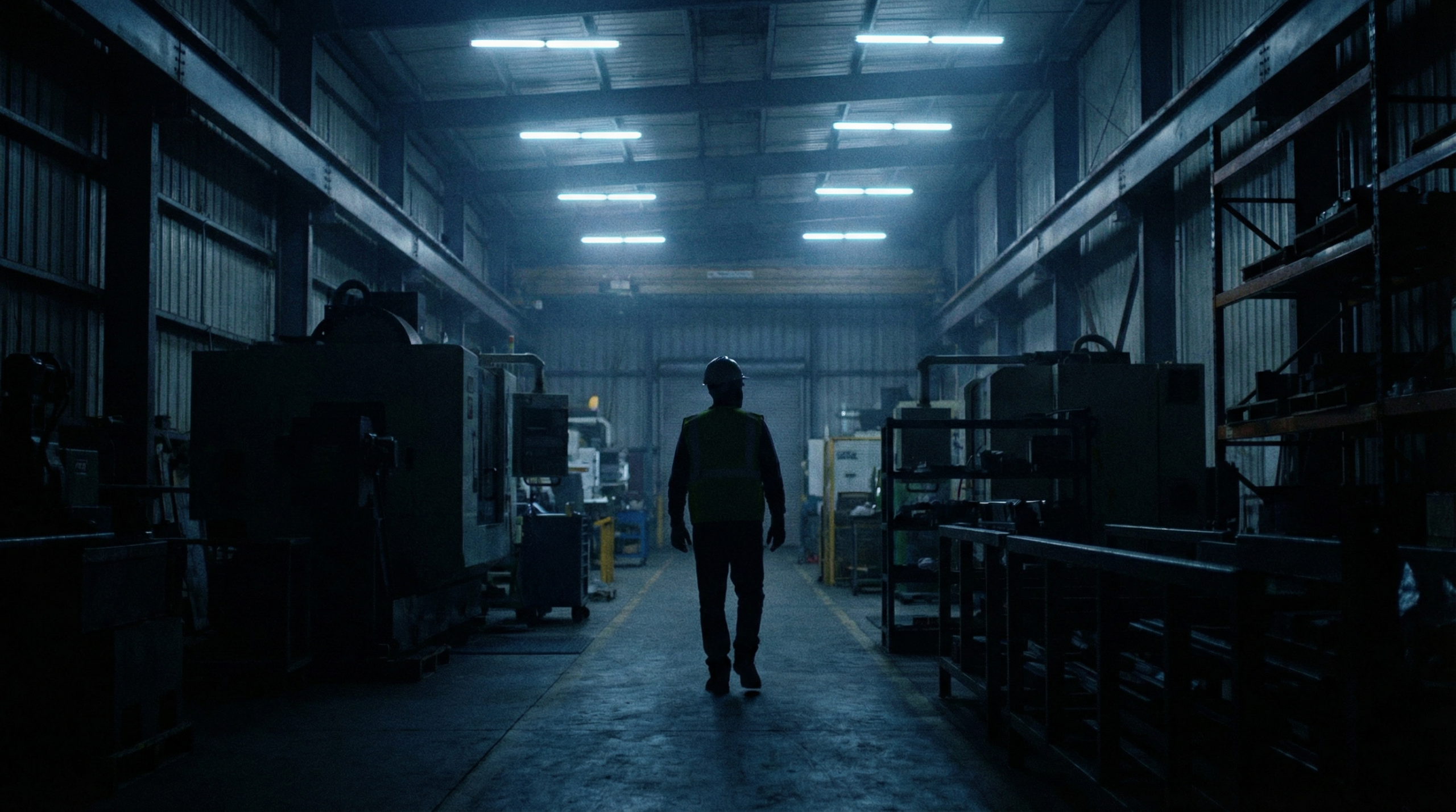 Industriearbeiter in der Nachtschicht, k&uuml;nstliches Licht in dunkler Halle