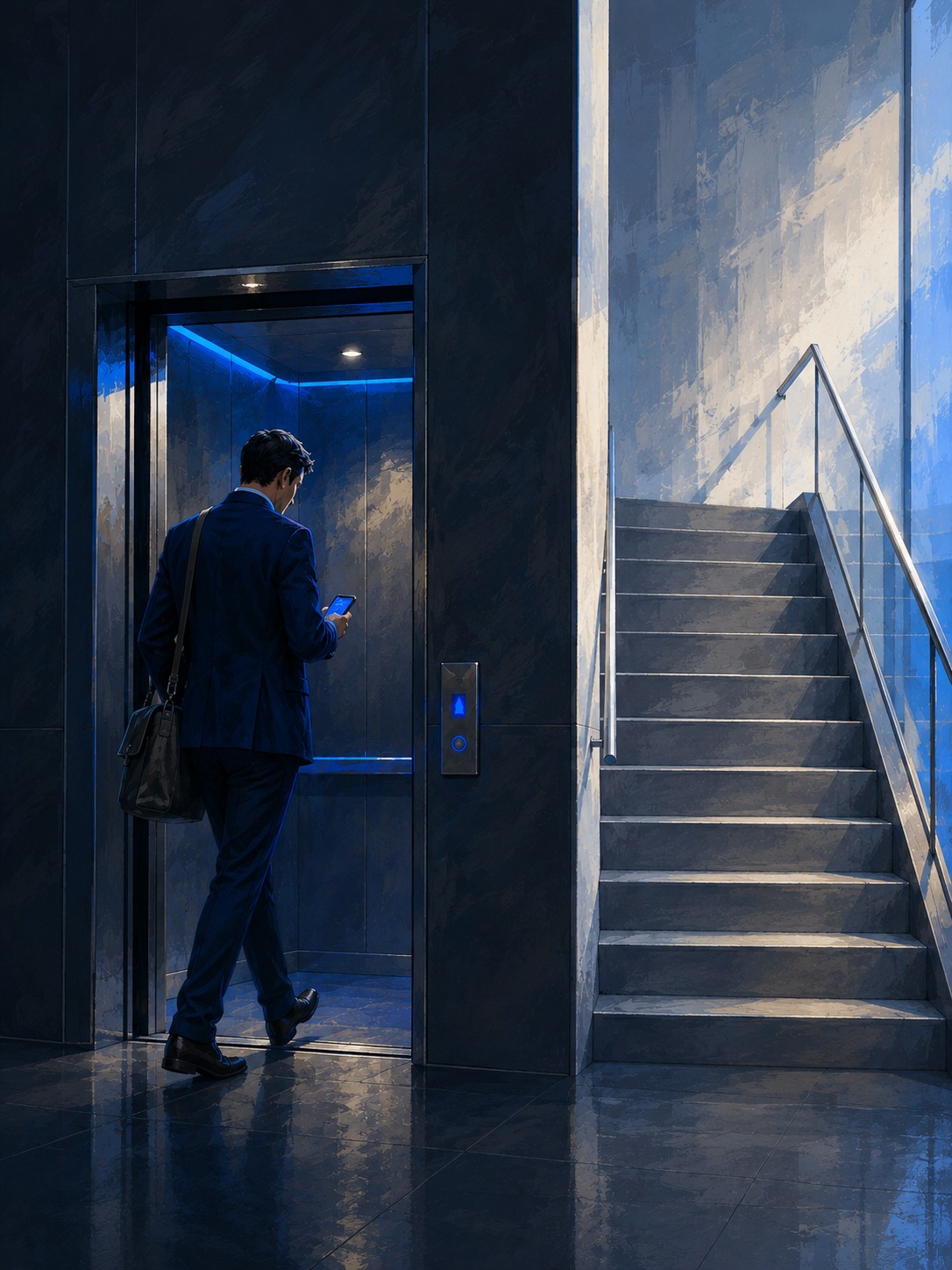 Moderne Szene: Menschen auf der Rolltreppe, leere Treppe daneben