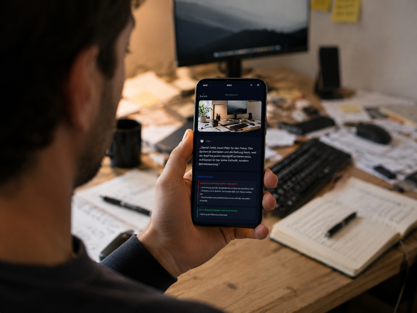 Schreibtisch-Draufsicht mit Snacks und Handy &ndash; Habitat-Scanner zeigt stille Saboteure