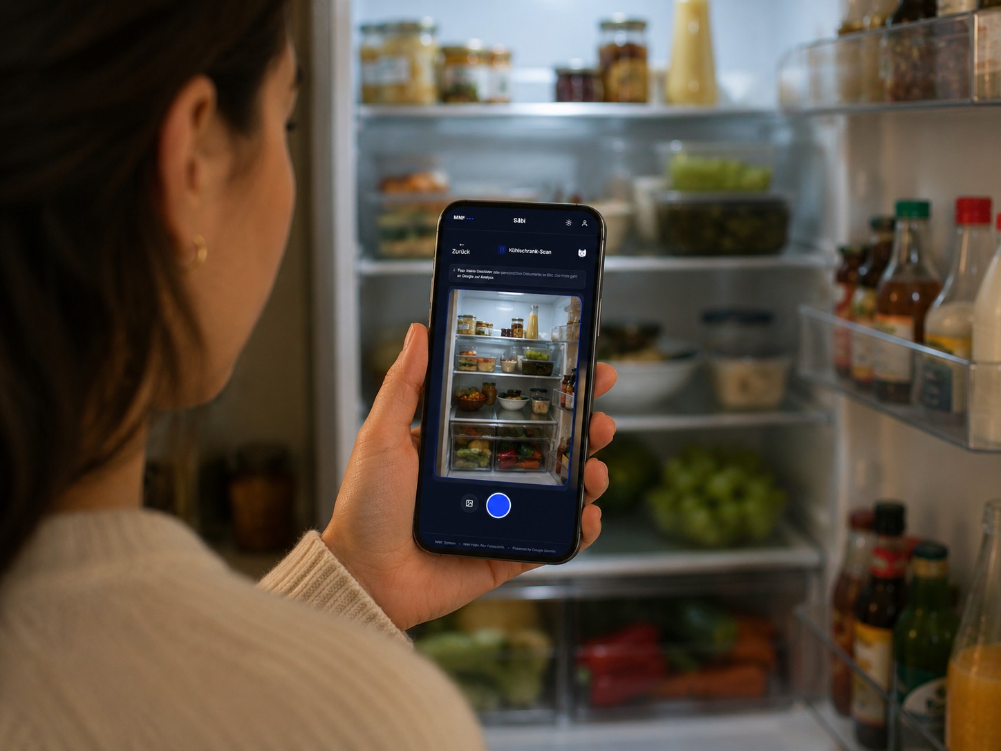 Frau h&auml;lt Smartphone mit S&auml;bi-App vor ge&ouml;ffneten K&uuml;hlschrank &ndash; K&uuml;hlschrank-Scan Modul