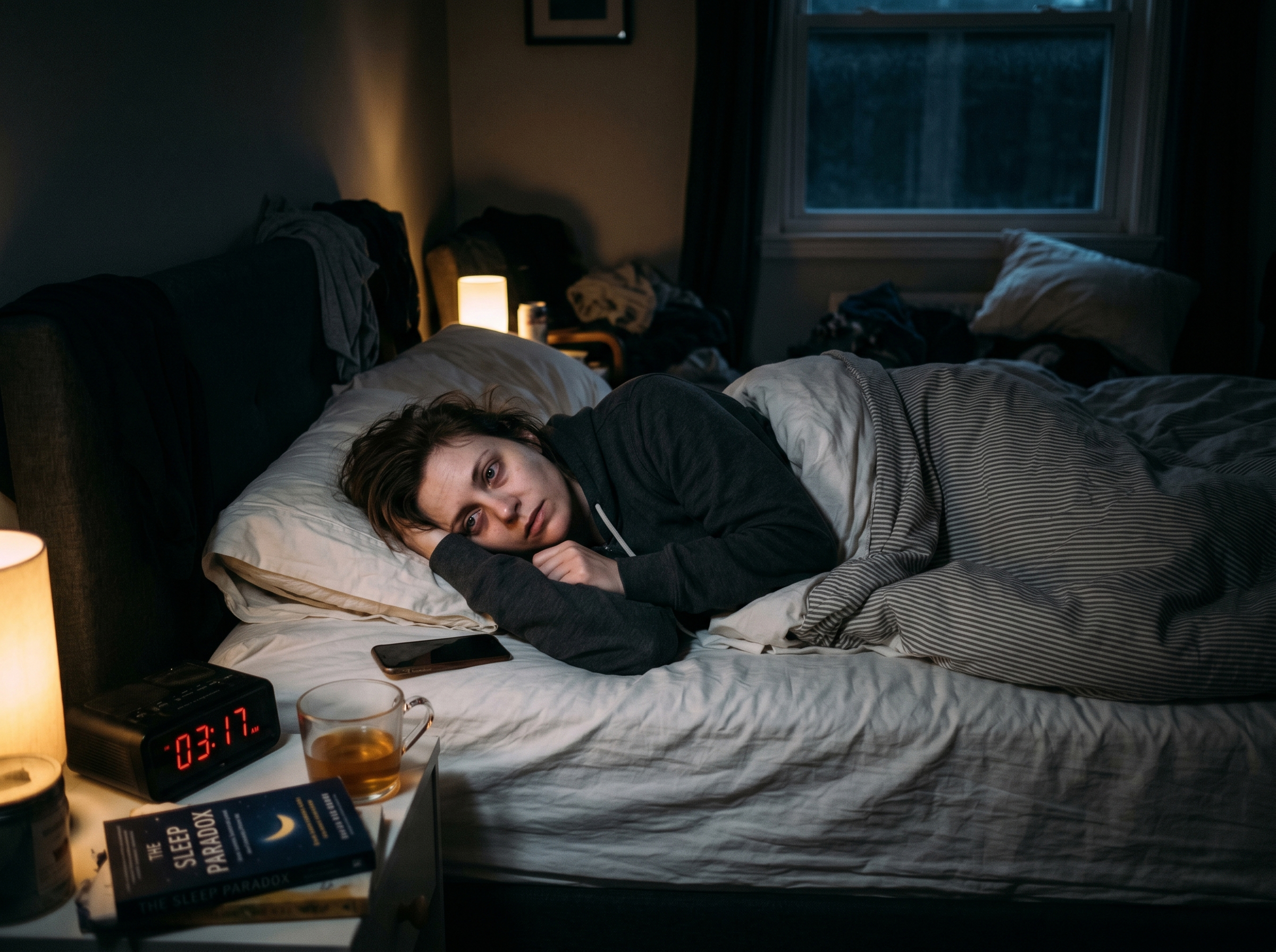 Person liegt wach im Bett &ndash; Metapher f&uuml;r das Schlaf-Paradox und chronischen Schlafmangel