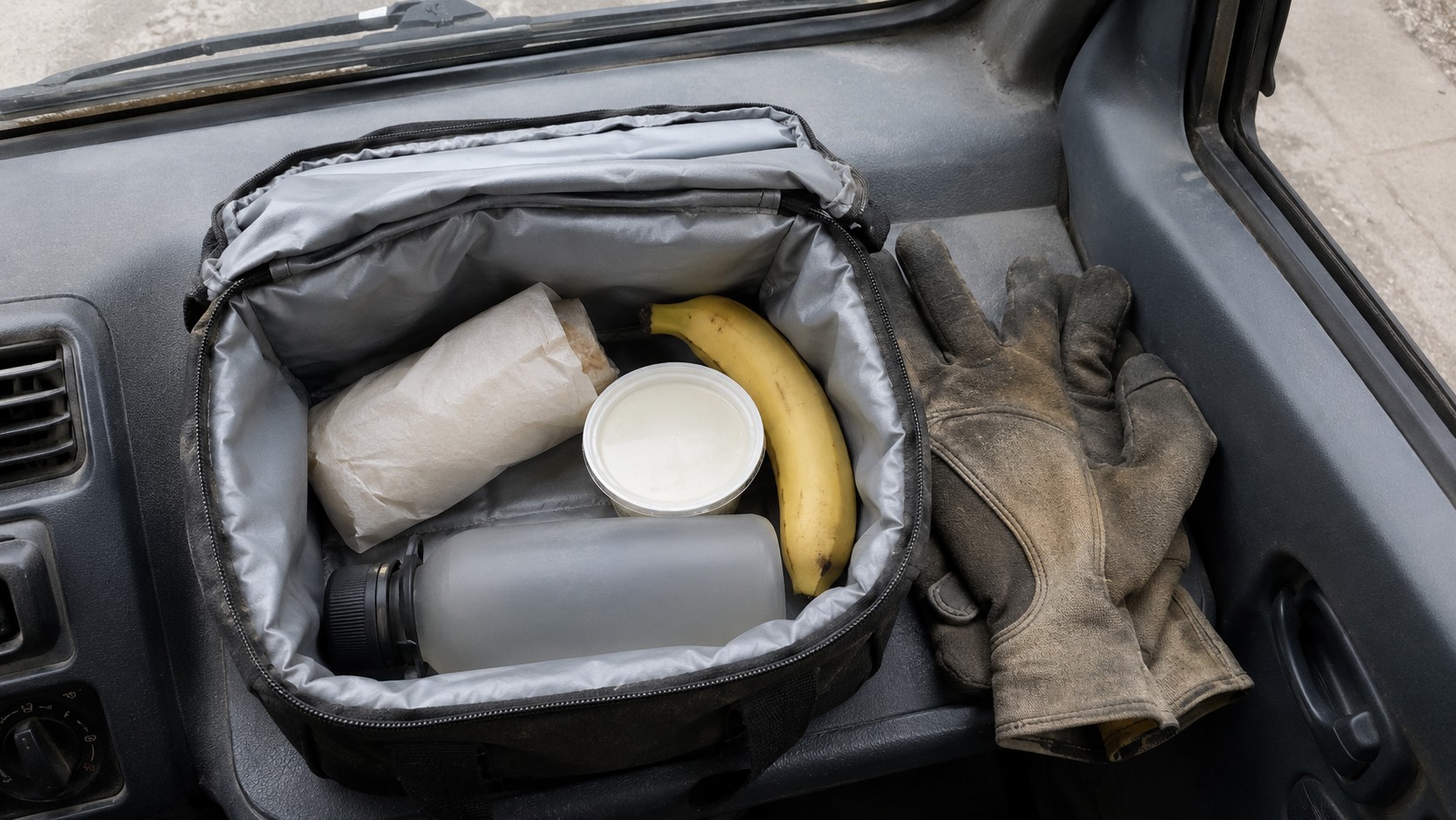 Vorbereitete K&uuml;hltasche mit Wrap, Joghurt, Obst und Trinkflasche neben Arbeitshandschuhen