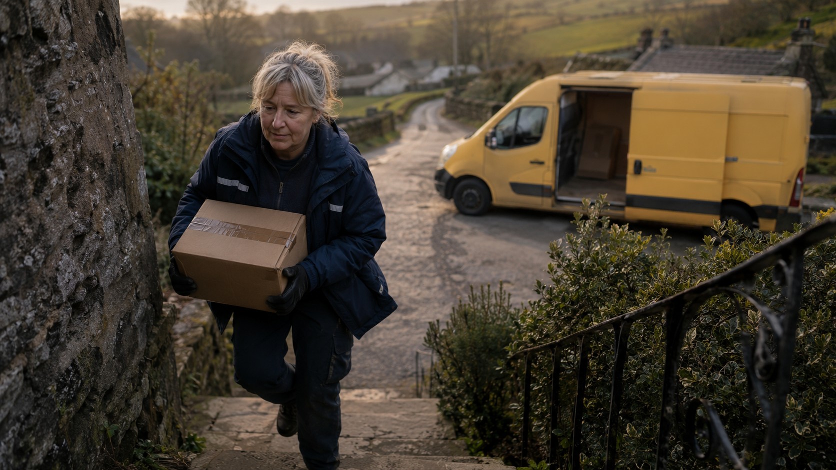 Zustellerin tr&auml;gt ein Paket eine Au&szlig;entreppe hinauf, Lieferfahrzeug im Hintergrund