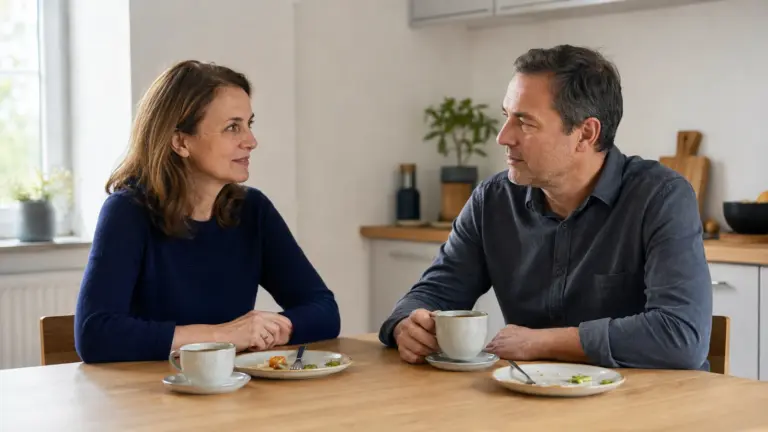 Zwei Erwachsene sitzen nach dem Essen mit zwei Kaffeetassen am selben Tisch und unterhalten sich.