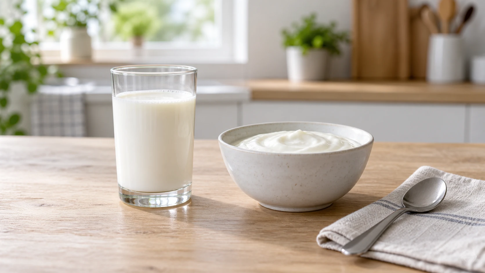 Ein Glas Milch und eine Schale Naturjoghurt stehen nebeneinander auf einem Küchentisch.